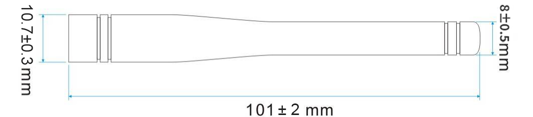 Mechanical dimensions of the 520MHz gold-plated straight rod antenna SW520-ZT100.