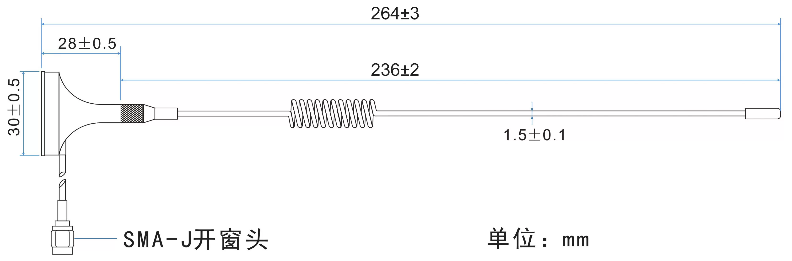 Dimensions of 915MHz Small Sucker Antenna SW915-XP1M