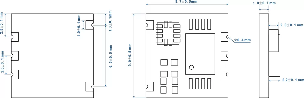 Dimensions of the 3D pedometer module STP100M