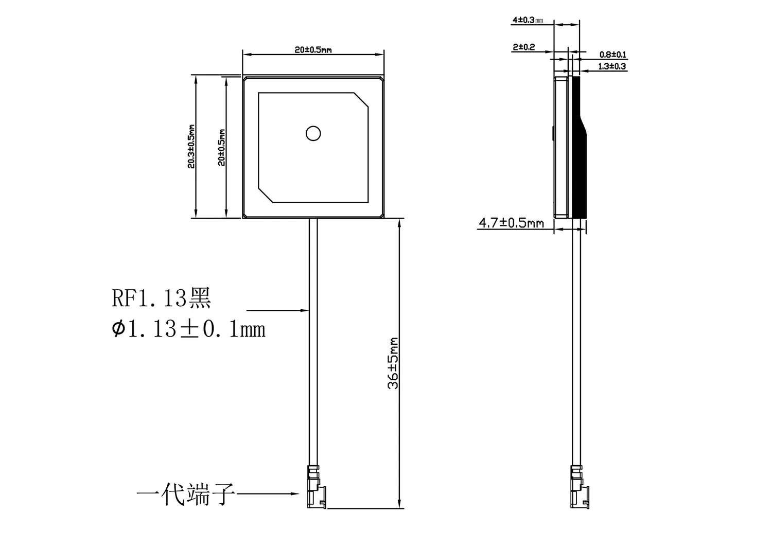 Mechanical Dimensions of 1575.42 MHz GPS antenna AGPS20P-36I