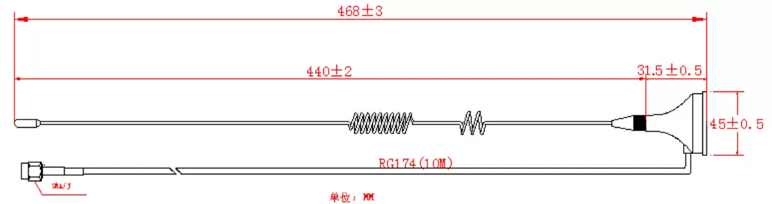 Dimensions of 433MHz Sucker Antenna SW433-LXP-10M