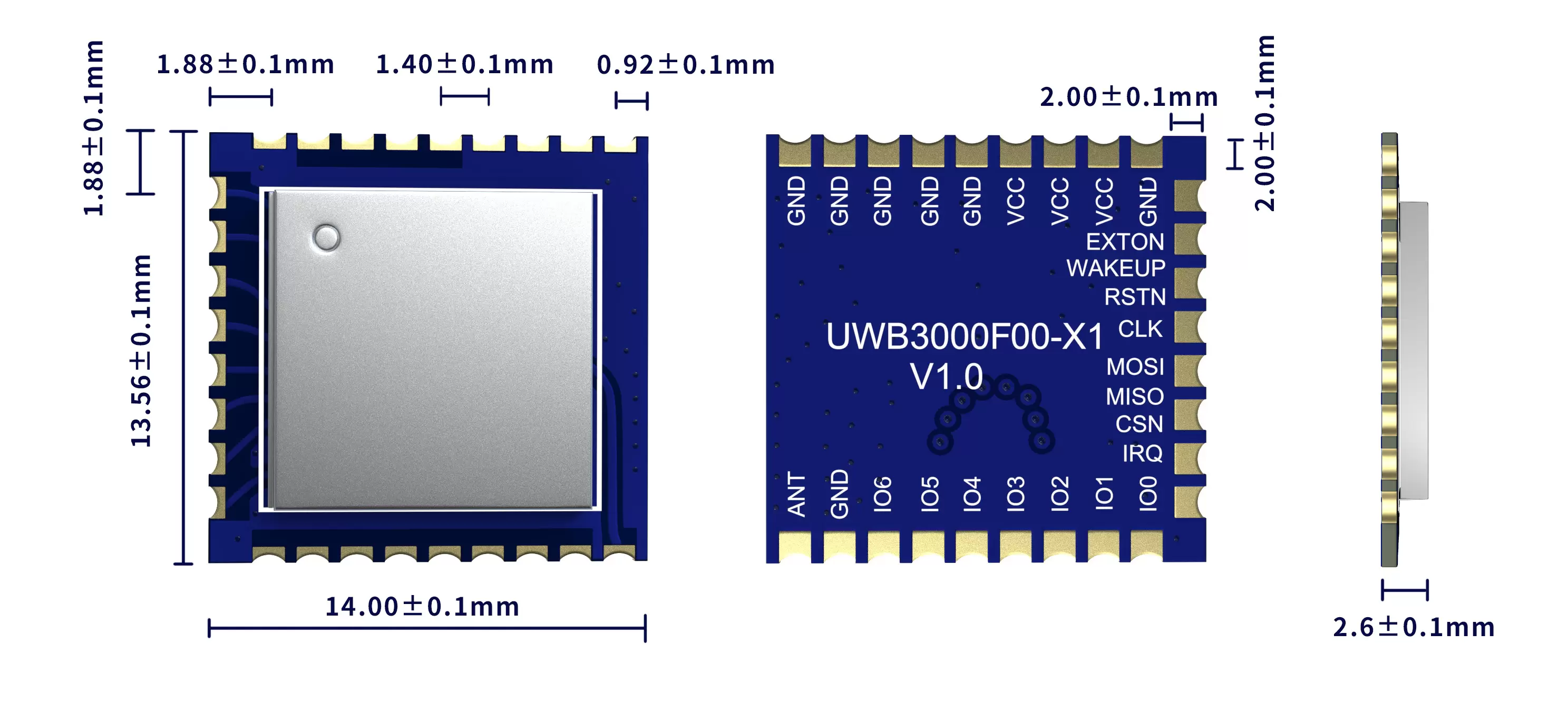 Dimensions of UWB Module UWB3000F00-X
