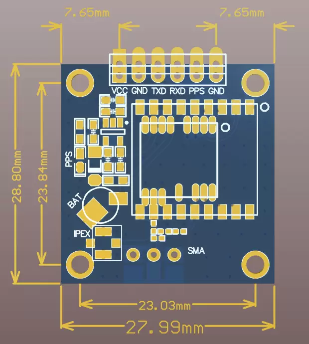 Mechanical dimensions of the GPS module GPS03