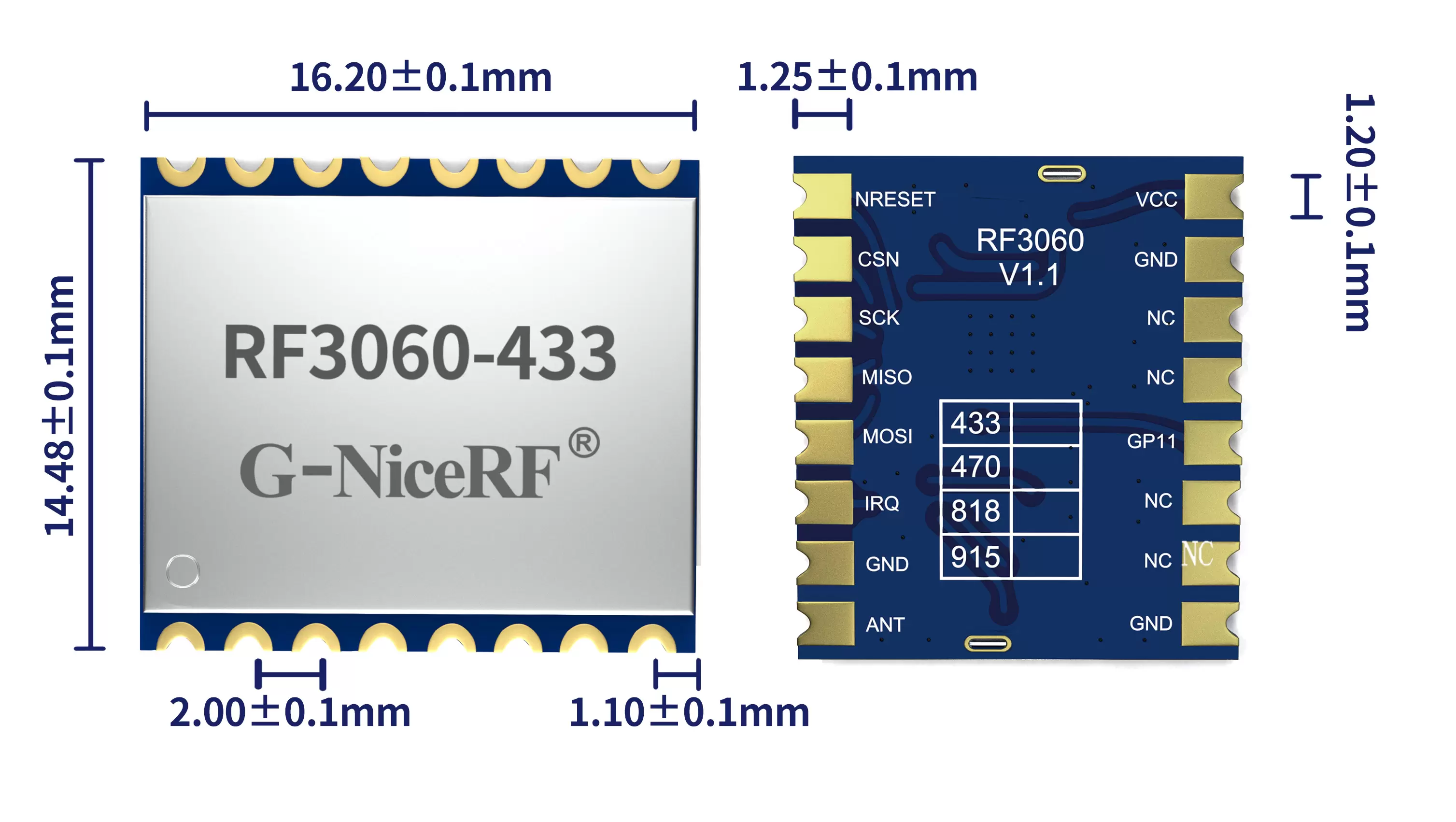 Mechanical dimensions of the wireless communication module RF3060