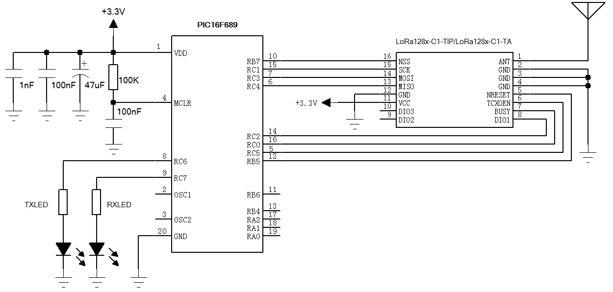 Application circuit of 2.4GHz LoRa wireless transceiver module LoRa128X-C1-TIP/LoRa128X-C1-TA for long-range connectivity.