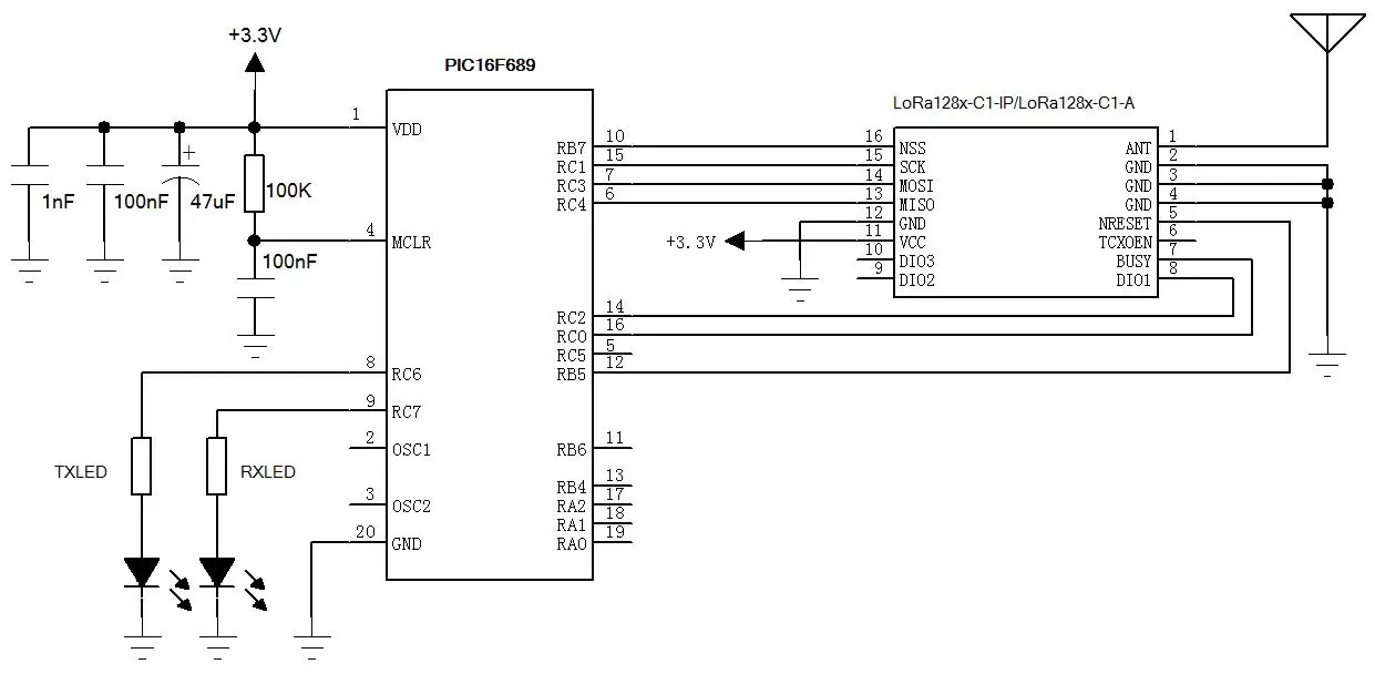 Application circuit of 2.4GHz LoRa wireless transceiver module LoRa128X-C1-IP/LoRa128X-C1-A for long-range connectivity.
