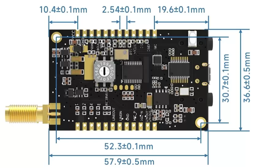 Mechanical dimensions of wireless audio module SA628F30.