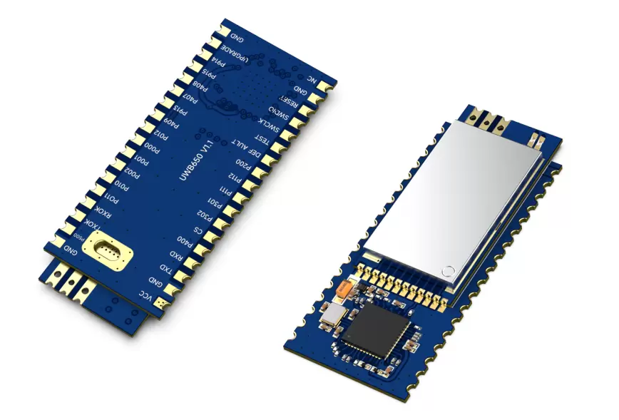 Top and bottom view of the NiceRF UWB650 wireless communication module with its pinout