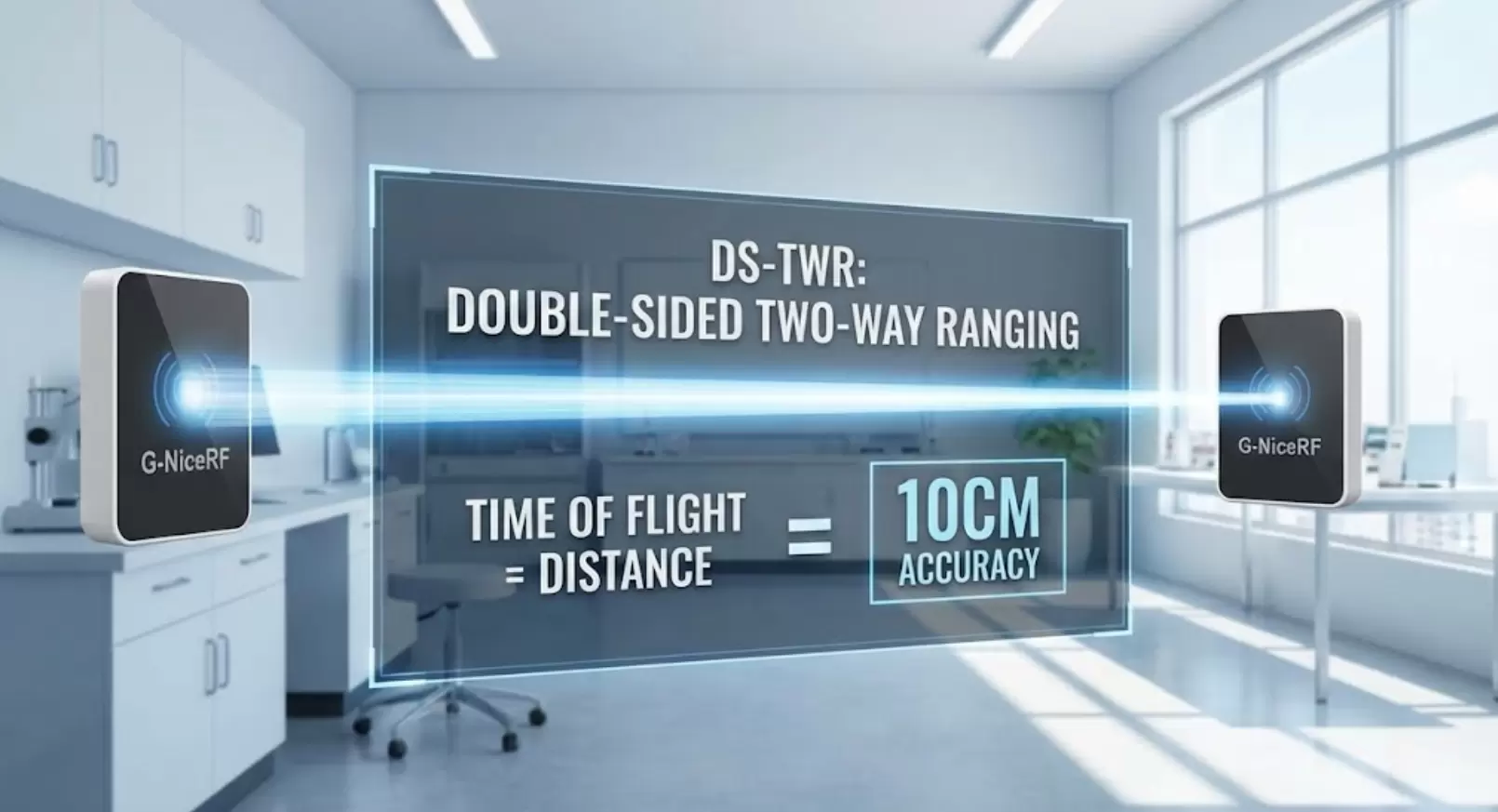 DS-TWR concept shown with G-NiceRF devices and accuracy overlay.