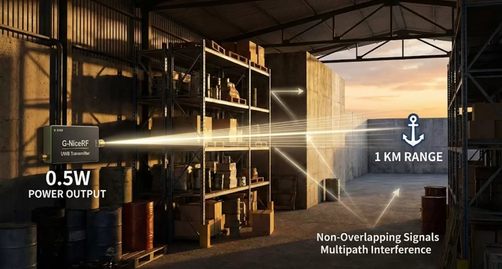 Visualizing 0.5W UWB signal penetrating obstacles in a cluttered environment.