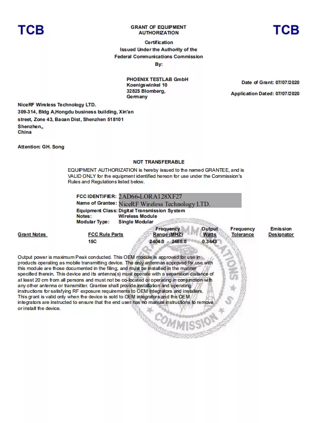 2.4 GHz RF Module LoRa1280F27/LoRa1281F27 passed FCC&CE Certification