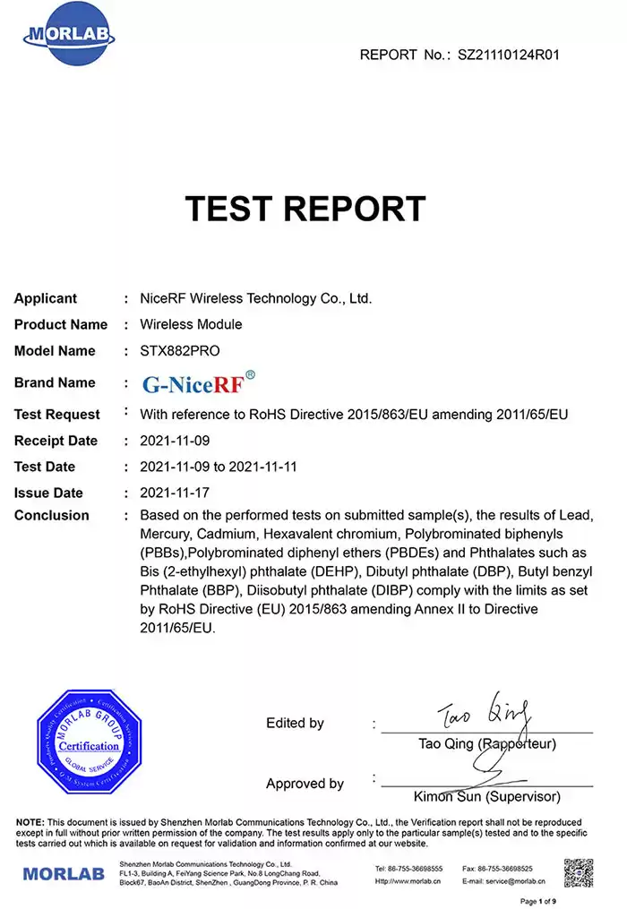 NiceRF got ROHS certificate of its new ASK transmitter module STX882Pro