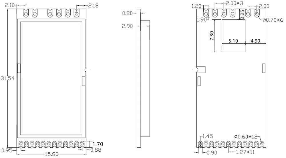 Mechanical Dimensions of SX1280 LoRa Module LoRa1280F27