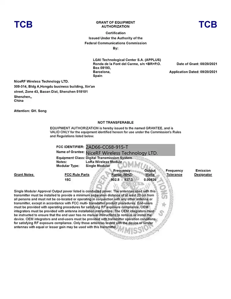 LoRa module LoRa-CC68-915-TCXO-FCC Certification