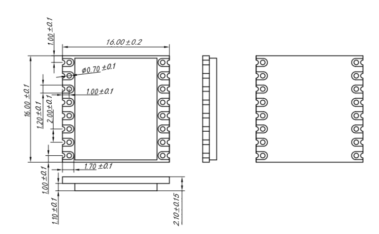 Mechanical dimensions of LLCC68 LoRa module LoRa-CC68