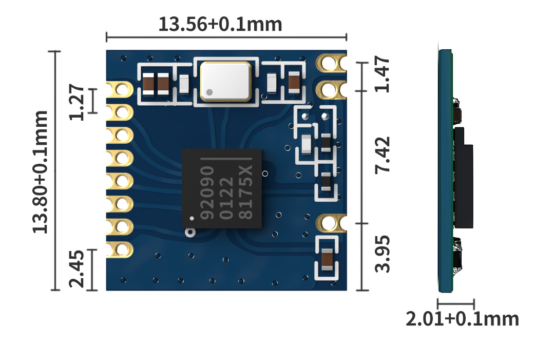 Mechanical dimensions of high-sensitivity 2.4GHz RF wireless module RF9209
