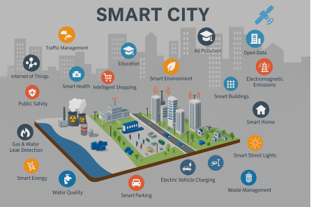 An infographic illustrating various smart city applications, such as smart parking, smart street lights, public safety, and traffic management.