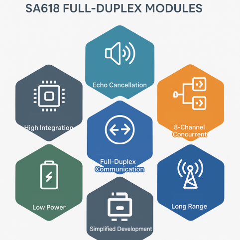 SA618 integrates full-duplex communication, echo cancellation, multi-user concurrency, long range, low power consumption, and high integration.