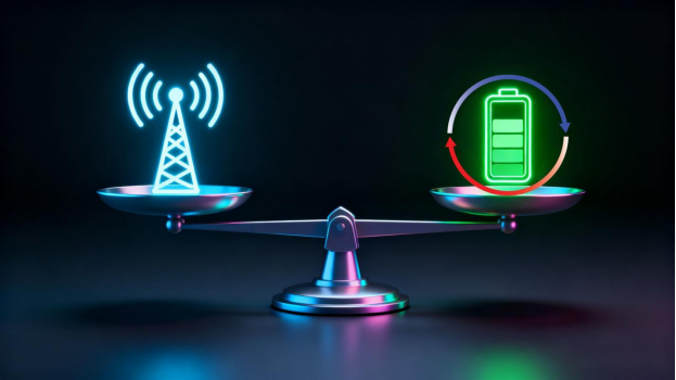 A scale holds LoRa's long-range signal capability and its extended battery life in perfect balance, representing the key performance trade-off.