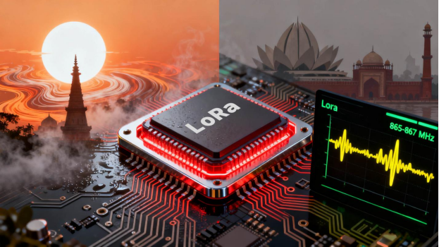 The two main challenges for LoRa modules in India: the left side shows a sun and heatwaves to symbolize high temperature and humidity, while the right side shows a spectrum analyzer with the radio frequency strictly confined to the 865-870MHz band.