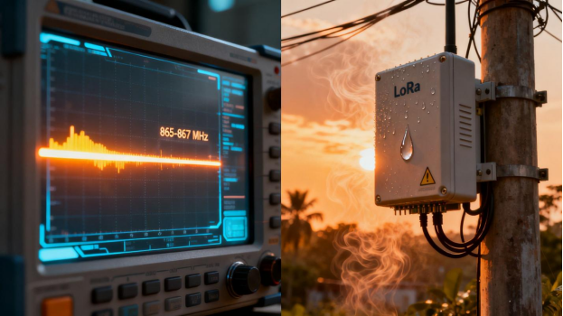 A LoRa module operates in a hot and humid outdoor setting, while a spectrum analyzer confirms its compliance within the 865-867 MHz frequency band.