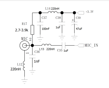 Schematic circuit diagram of a microphone (MIC) input stage with a three-stage filter (L-C network) designed to suppress TDD noise.