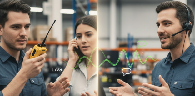 Visual showing half-duplex lag vs. full-duplex clear, instant communication.