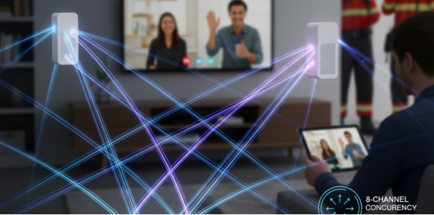 Diagram showing full duplex mesh with 8-channel concurrency.