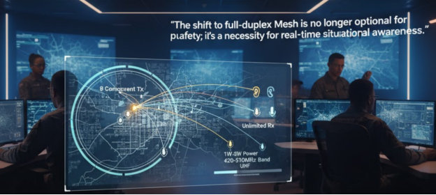 Command center graphic showing full duplex mesh technical specs.