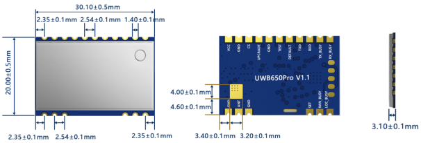 A technical drawing showing the mechanical dimensions of the UWB650Pro V1.1 module in millimeters. The overall dimensions are 30.10 ± 0.5mm (length) by 20.00 ± 0.5mm (width) by 3.10 ± 0.1mm (height).