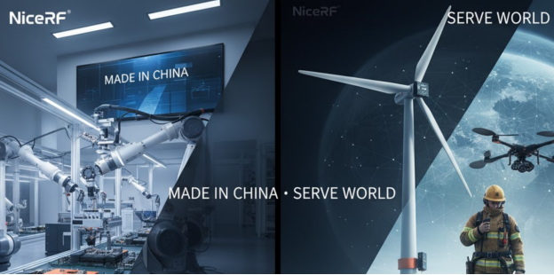 Industrial setting with "Made in China · Serve the World" text.