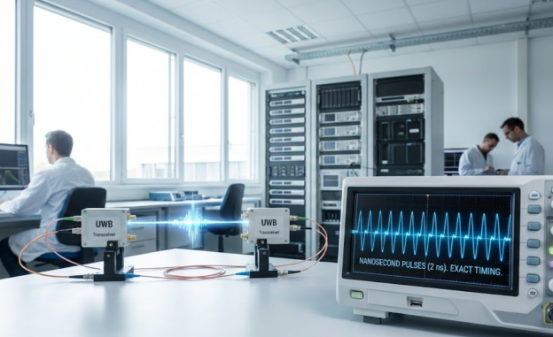 High-tech UWB lab visualization showing nanosecond pulse timing.