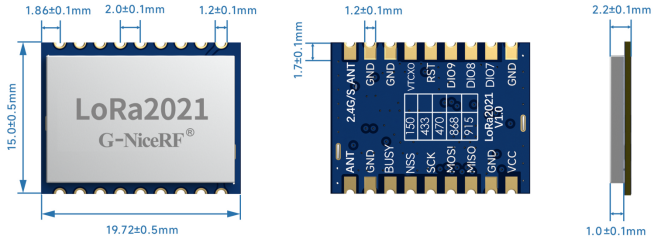 A technical drawing showing the mechanical dimensions of the LoRa2021 module. It displays the top, bottom, and side views with precise measurements, indicating a module size of 19.72mm x 15.0mm and a pin pitch of 1.2mm.
