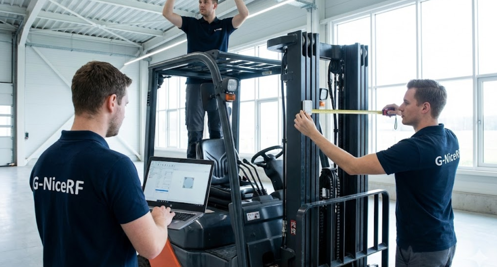 G-NiceRF technicians installing UWB anchor and calibrating tag on forklift.