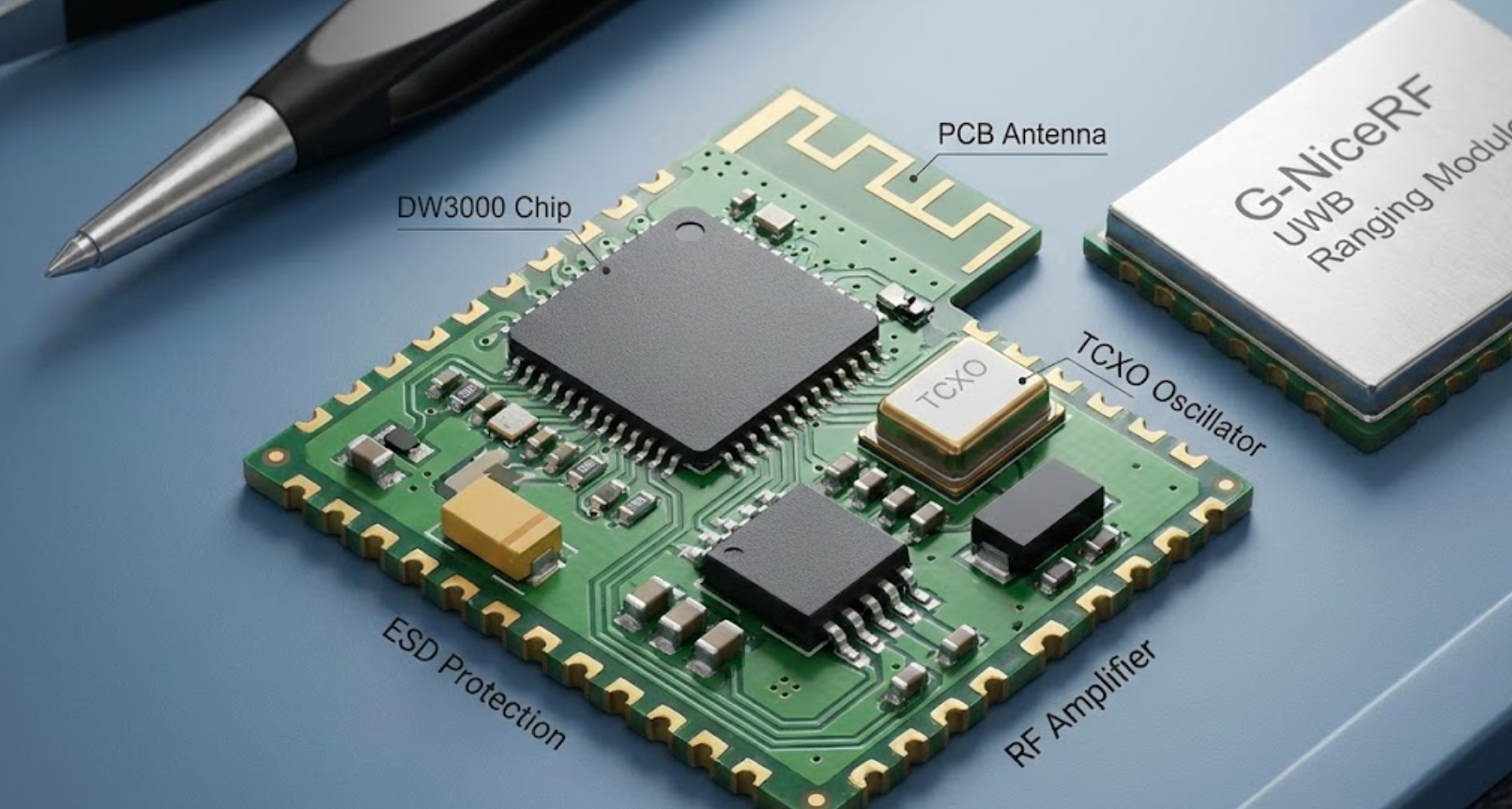Detailed macro shot of G-NiceRF UWB ranging module components.