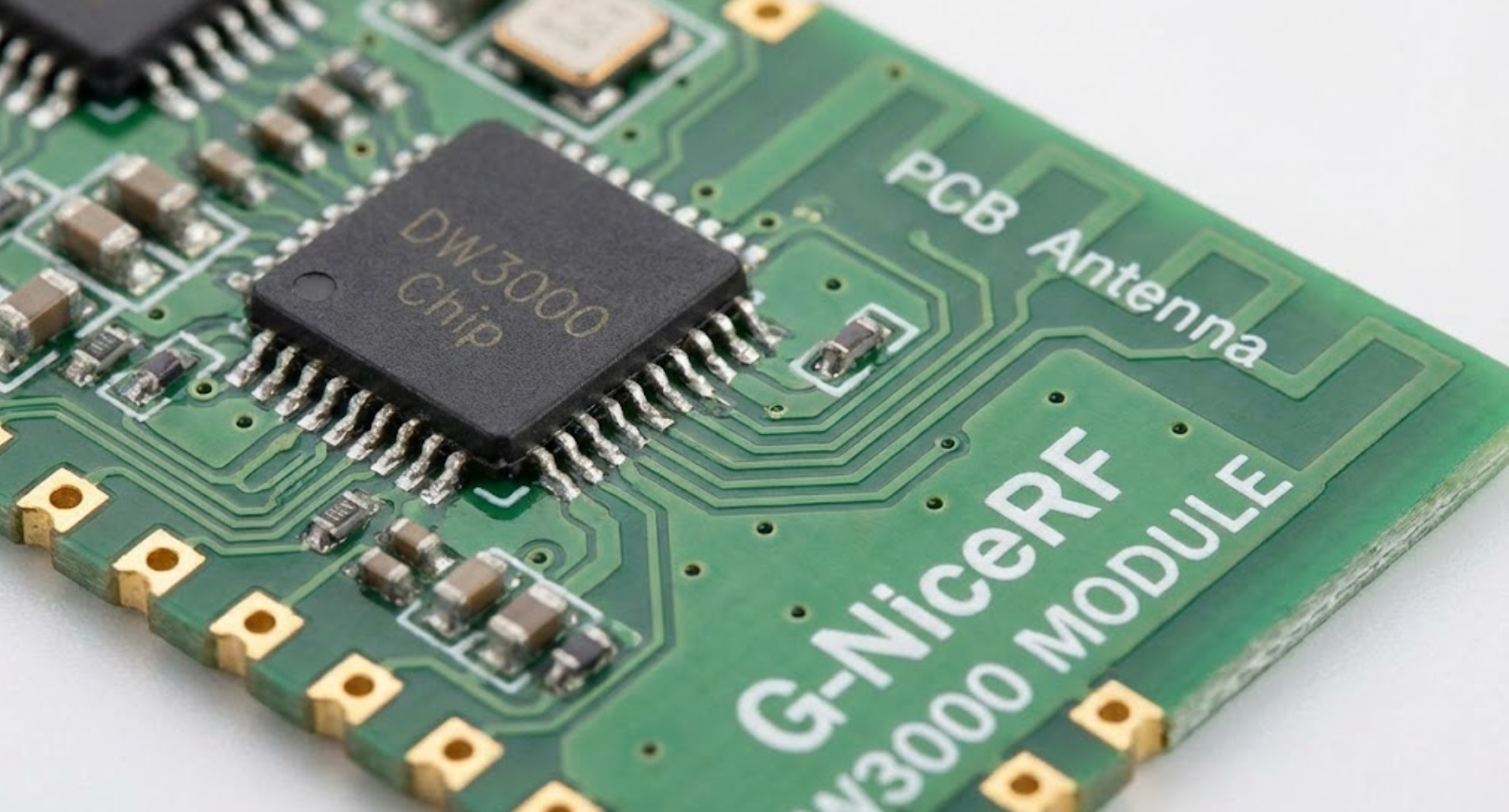 Macro shot of G-NiceRF DW3000 UWB module and antenna.