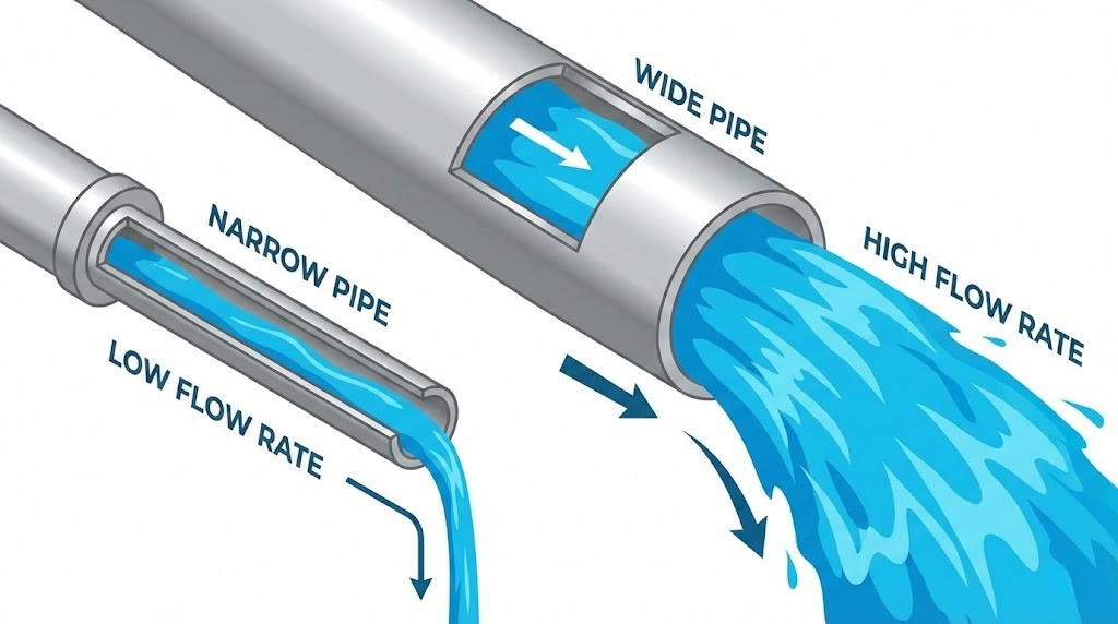 LoRa bandwidth pipe analogy: A comparison between a narrow pipe with low flow rate and a wide pipe with high flow rate, illustrating how wider bandwidth physically increases data throughput.