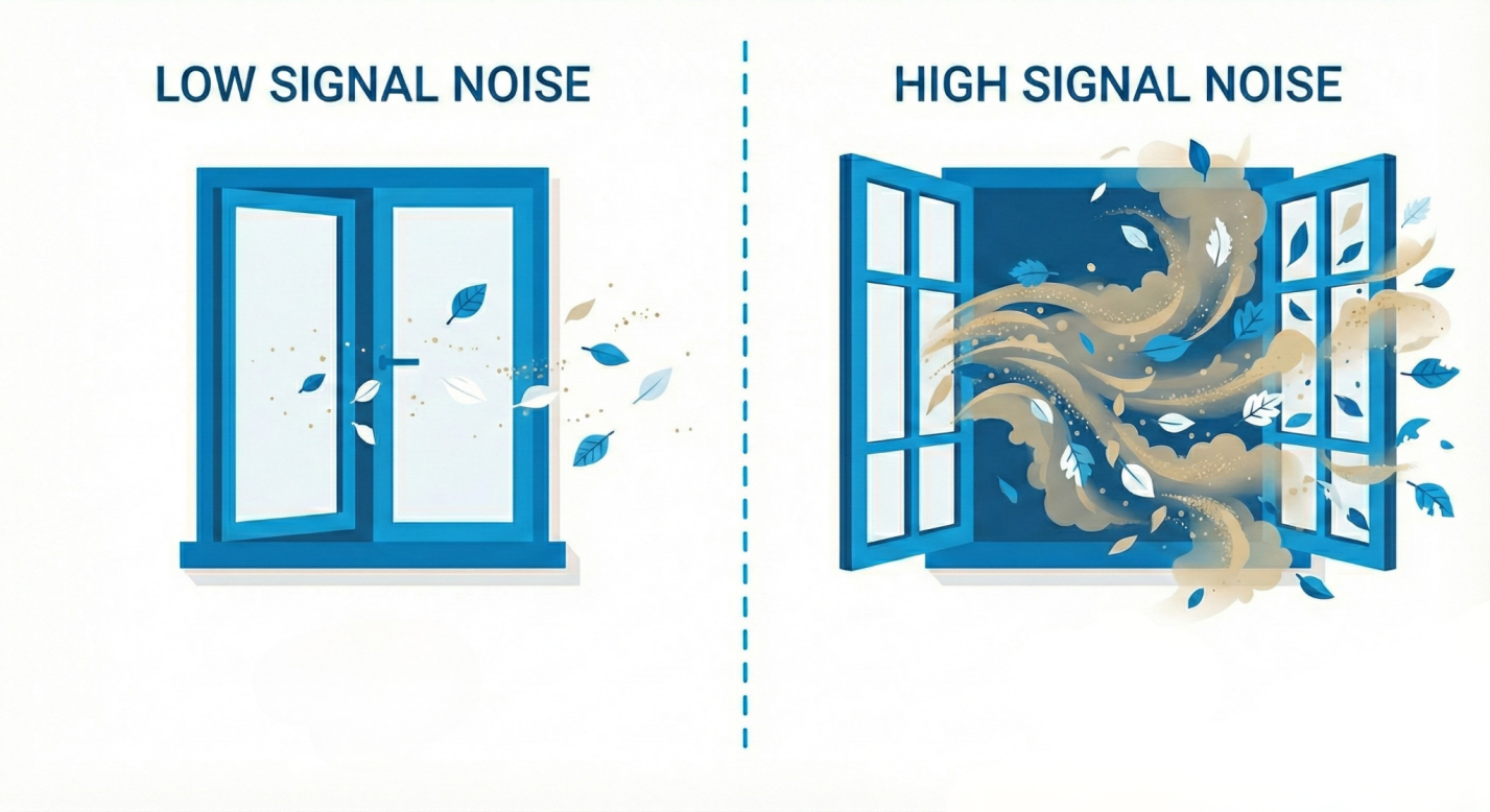 LoRa bandwidth noise trade-off diagram: A side-by-side comparison of a slightly open window (Low Signal Noise) versus a wide-open window (High Signal Noise), showing how wider bandwidth introduces environmental interference and reduces receiver sensitivity.