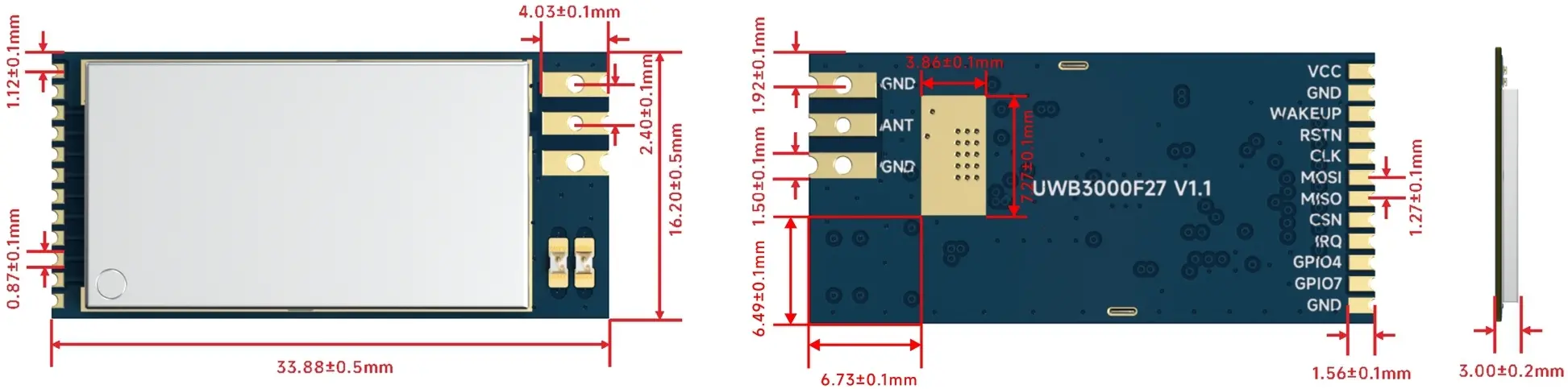 Mechanical dimensions of high - power 500mW UWB front - end module UWB3000F27