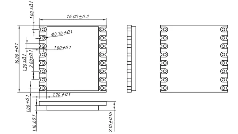 Mechanical dimensions of wireless transceiver module LoRa-CC68-868-T.