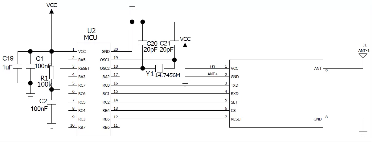 Application circuit of ANT+ Wireless Serial Port Module RF51422