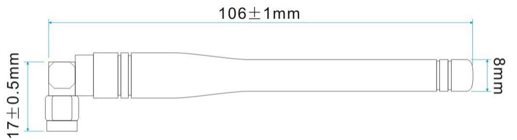 Abmessungen der Stabantenne SW868-WT100 Abmessungen der Stabantenne SW868-WT100