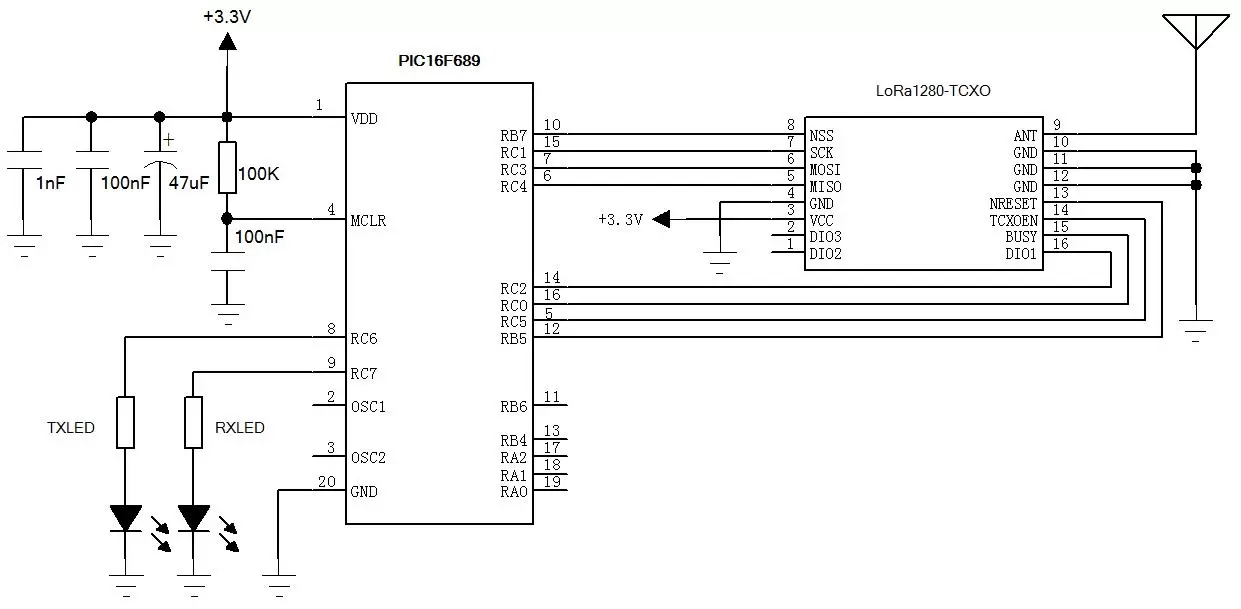 Application circuit of 2.4GHz SX1280/SX1281 TCXO ranging LoRa wireless module LoRa128X - T