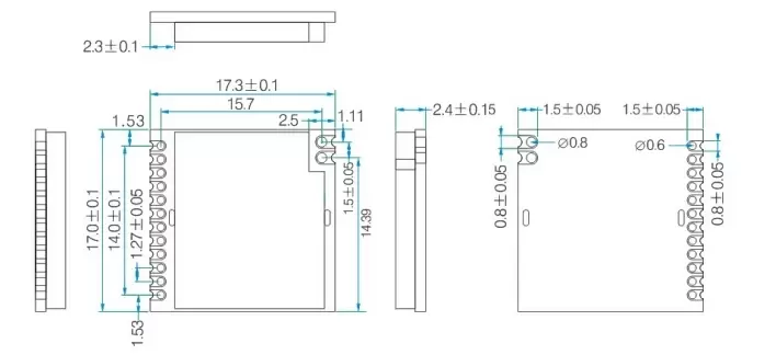 Mechanical dimensions of CE-RED certified RF transceiver module RF4432PRO 