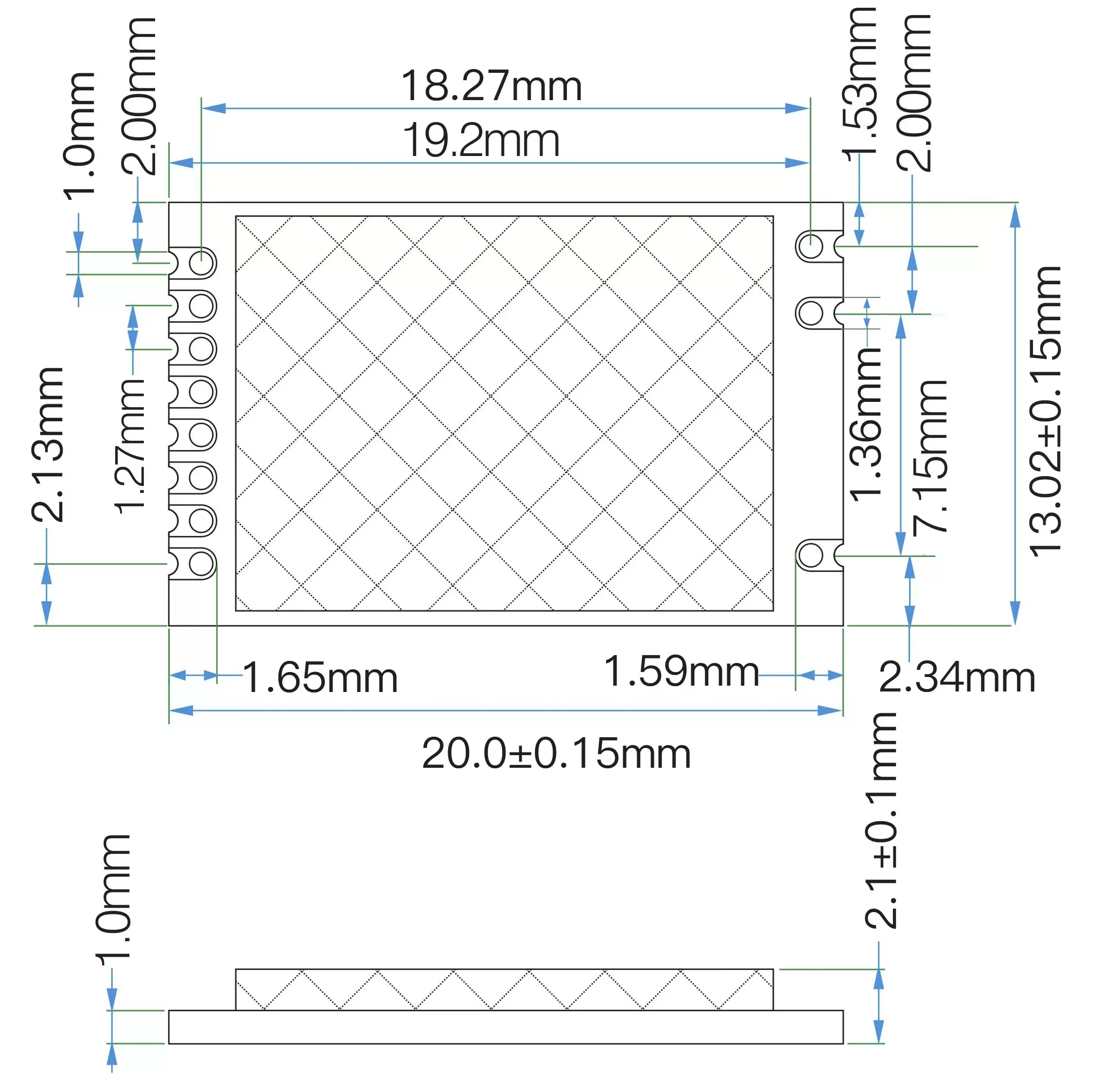 Mechanical dimensions of 2.4GHz original Nordic RF module RF2401F20