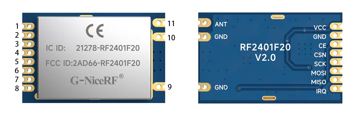 Pin definition of 2.4GHz original Nordic RF module RF2401F20 with multiple certifications