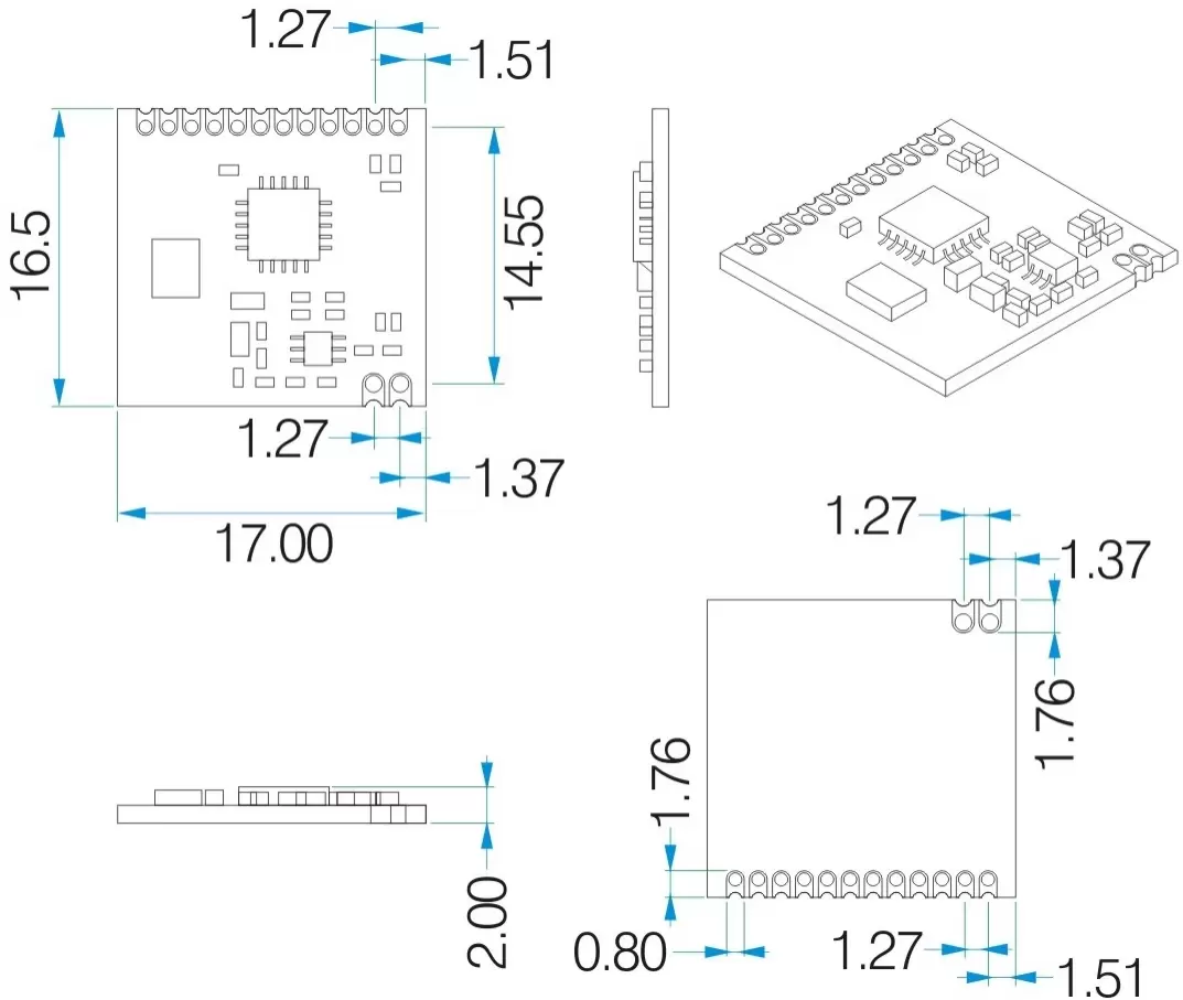 Mechanical outline of 100mW Si4432 RF Transceiver Module RF4432 Mechanical outline of 100mW Si4432 RF Transceiver Module RF4432