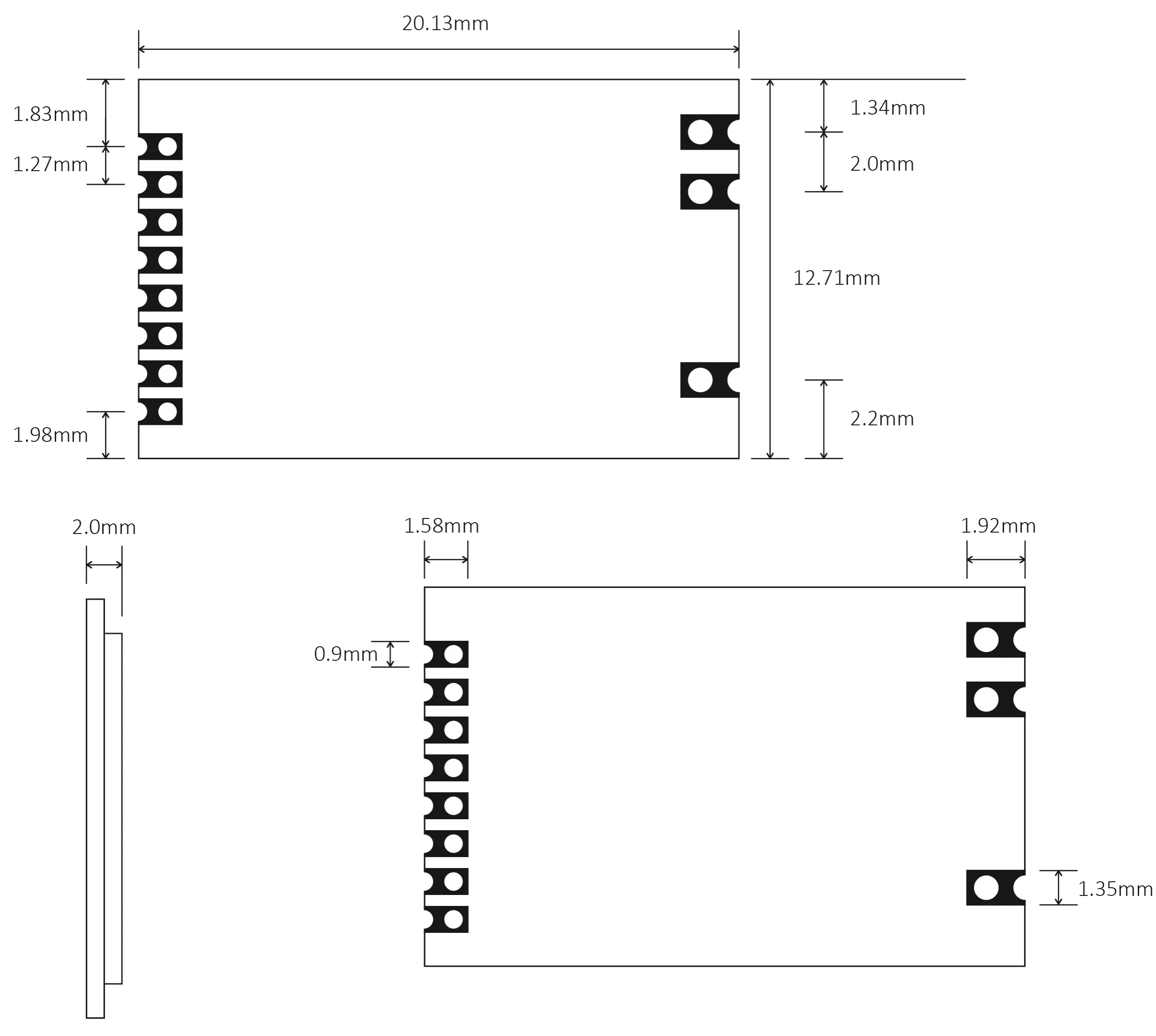 Mechanical Dimensions of 20mW RF Transceiver Module RF1101