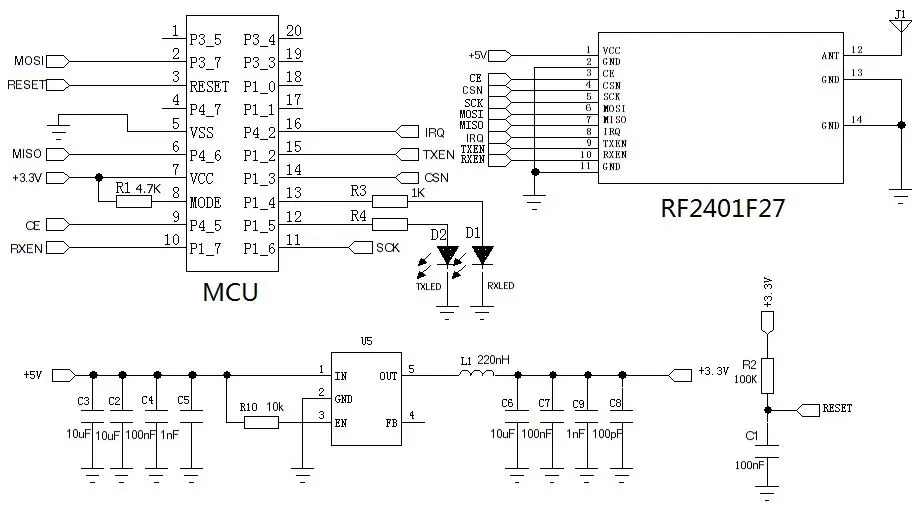 Application circuit of 2.4G Wireless Module RF2401F27