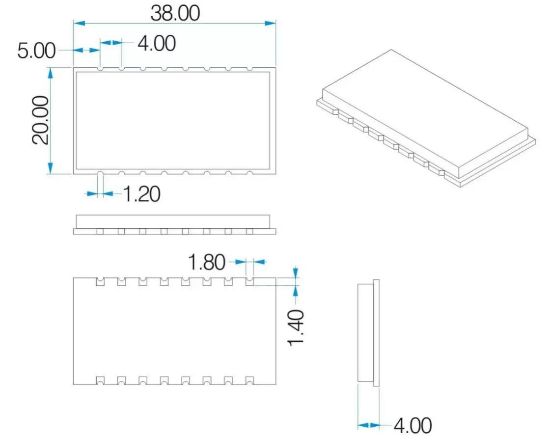 Mechanical dimensions of 500mW RF Transmitter and Receiver Module RF4432F27